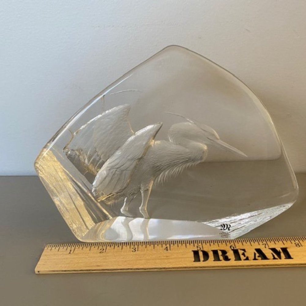 LARGE MATS JONASSON HERON BIRD ART LEAD CRYSTAL SCULPTURE SWEDEN SIGNED #3713